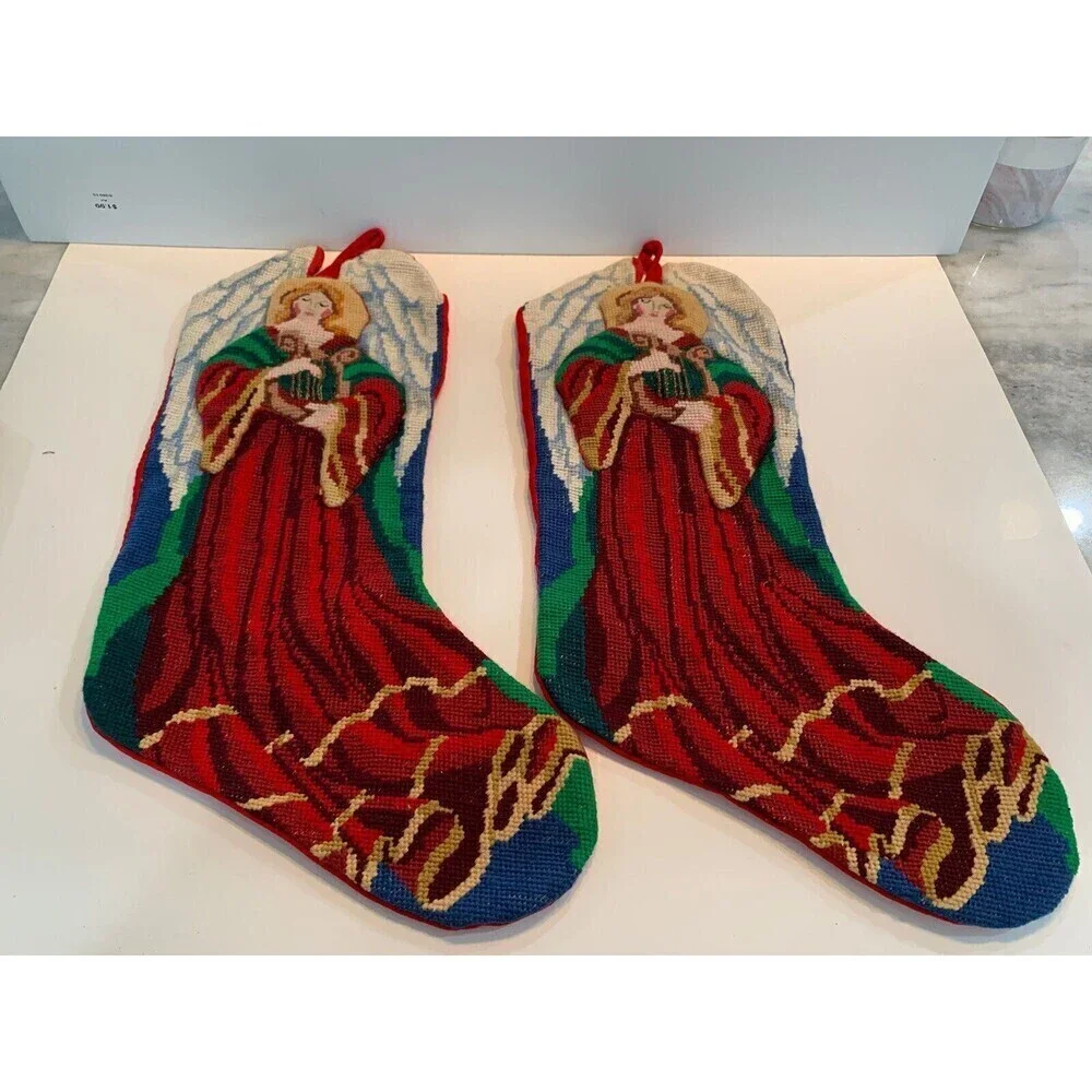 Vtg Needlepoint Christmas Stockings Red Velvet Angel Handmade Set 2 Christmas
